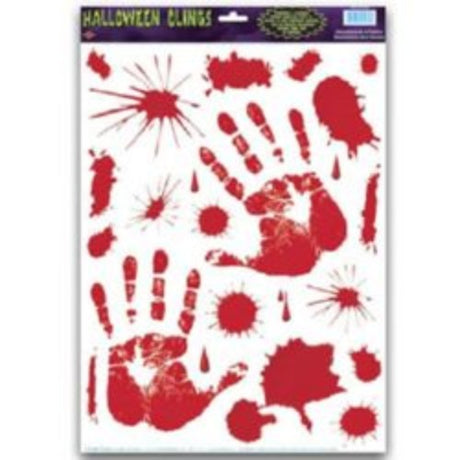 Pack of 22 spooky bloody handprint window clings for Halloween decor, perfect for creating a haunted atmosphere.