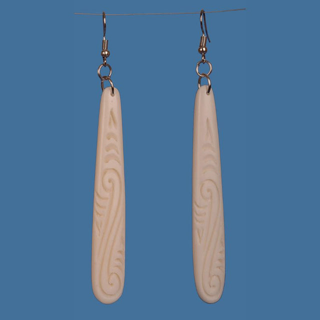 Bone Drop Earrings featuring unique Maori craftsmanship, handcrafted from beef bone, with a substantial 75mm drop.