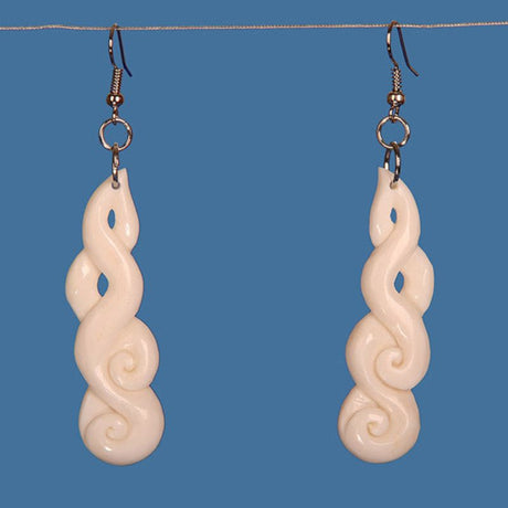 Handcrafted Bone Koru Earrings, 83mm drop, symbolizing growth and regeneration in Maori culture.