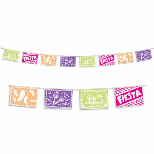 Vibrant Fiesta Picado Pennant Flag Banner, 3.6m long with 8 colorful pennants, perfect for indoor and outdoor celebrations.