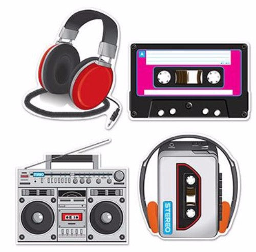 Colorful double-sided cassette player and headphones cutouts, measuring 30-36cm, perfect for creative and music-themed projects.