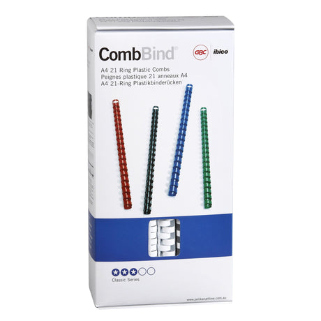 GBC 14mm white binding combs in a pack of 100 for professional document binding with standard machines.