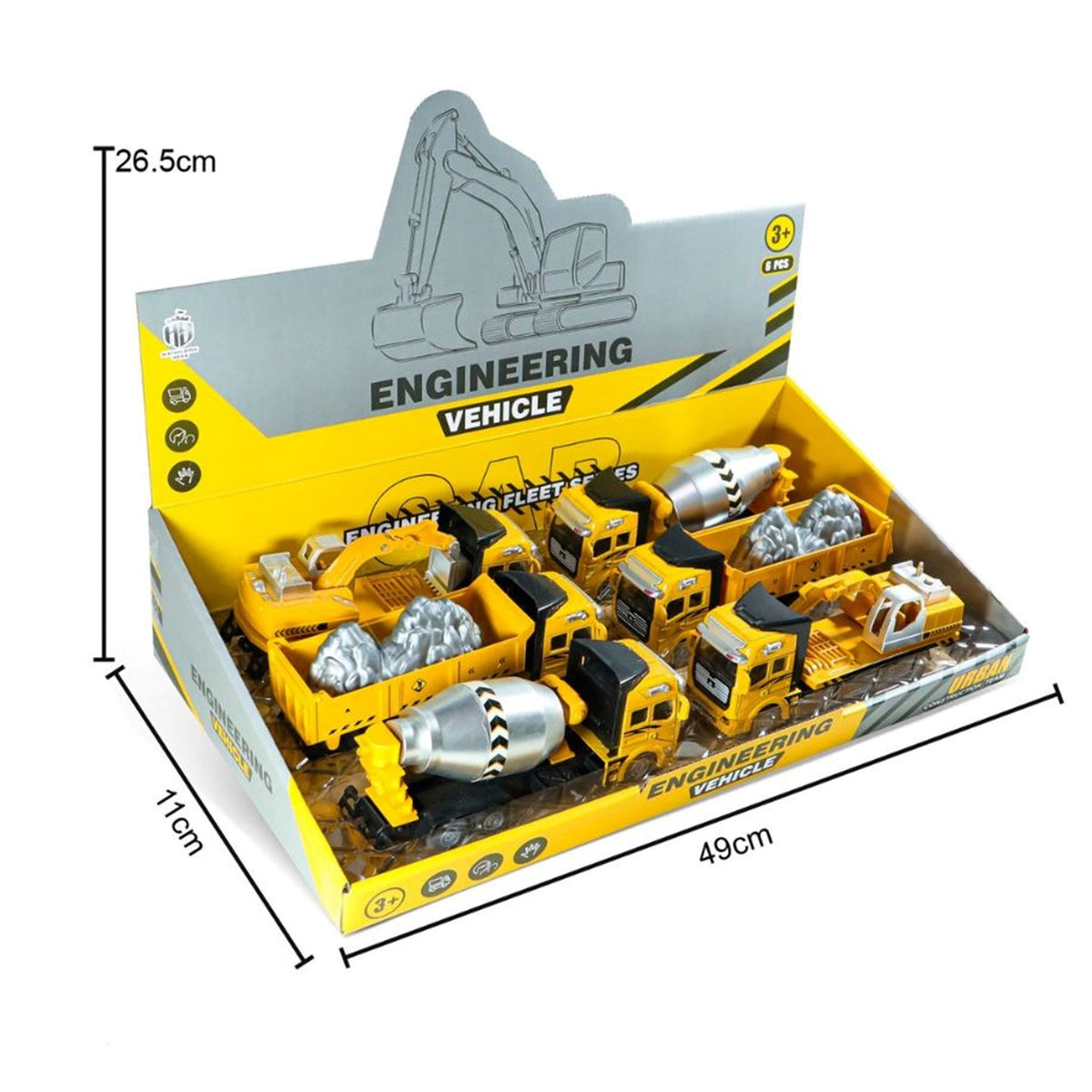 Die-Cast Pull-Back Construction Truck Toy Display 6pc