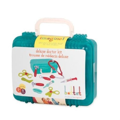 Deluxe doctor playset with travel case, includes tools like stethoscope, scissors, and thermometer for imaginative medical play.