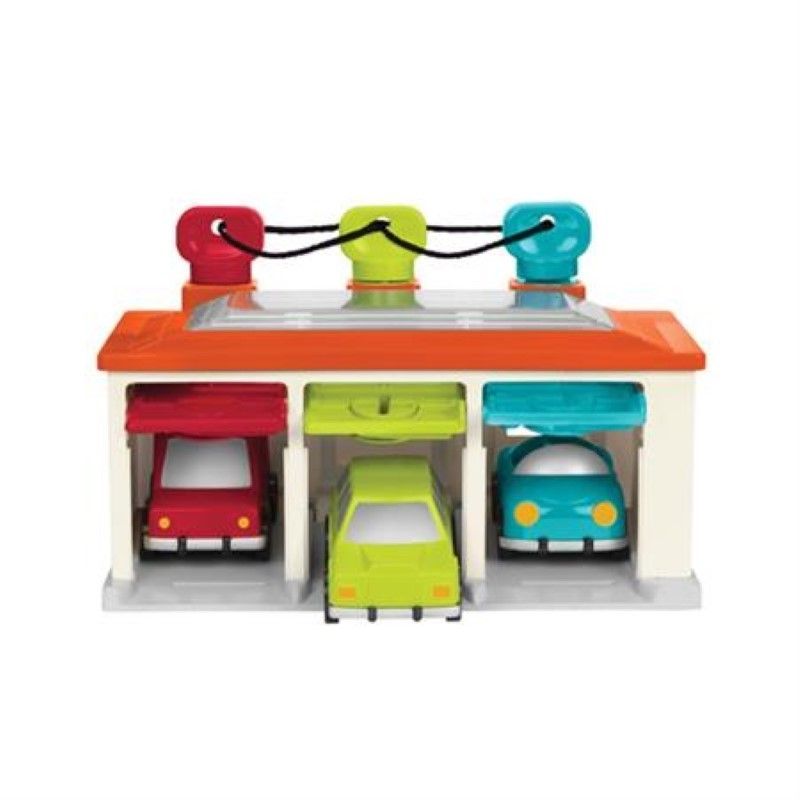 Colorful Battat 3 Car Garage playset with unlocking doors, three cars, and keys for toddlers' cause-and-effect learning.