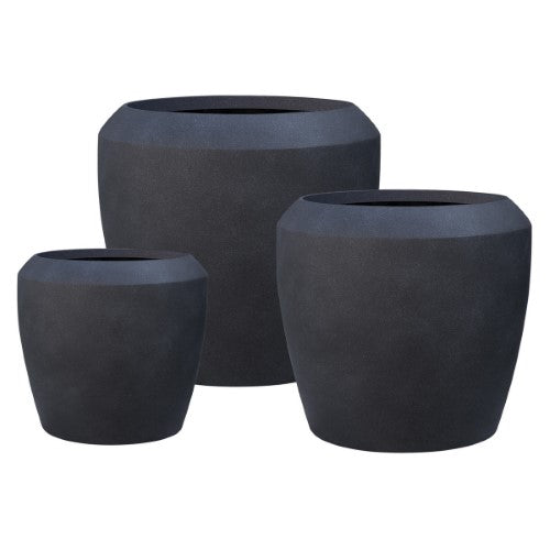 Set of 3 coal black Artemis planters, crafted from stone mixture and poly resin, perfect for modern gardens and outdoor decor.