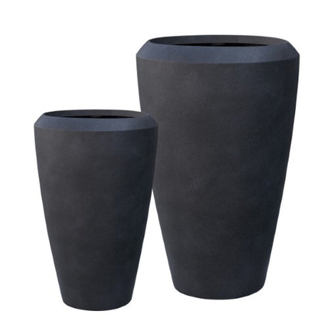 Elegant coal black planters set of 2, crafted from stone mix and poly resin, perfect for indoor and outdoor decor.