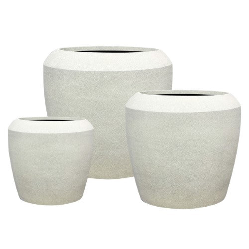 Set of 3 chic chalk beige planters, crafted from durable stone mix, perfect for elevating modern indoor and outdoor gardens.