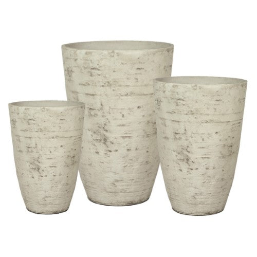 Set of 3 elegant country white planters crafted from durable stone mixture, poly resin, and fiberglass for outdoor use.