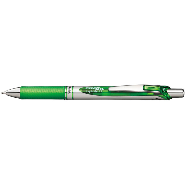 Pack of 12 PENTEL ENERGEL BL77 gel pens in Light Green, featuring smooth, fast-drying ink and ergonomic grip for comfortable writing.