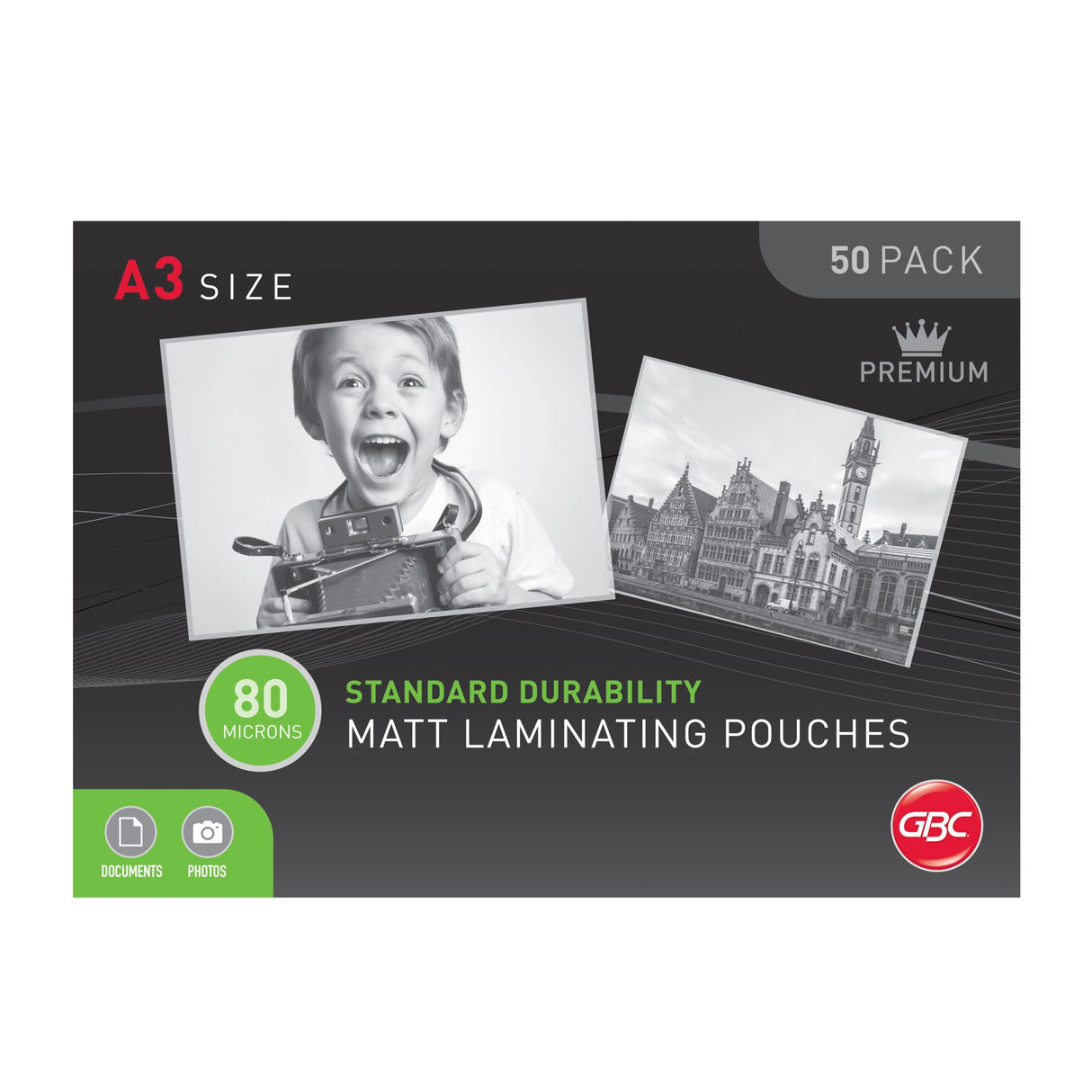 GBC A3 laminating pouches, pack of 50, 80 microns, matte finish for glare-free document protection and presentation.