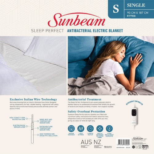 ANTIBACTERIAL ELECTRIC BLANKET - Sunbeam SLEEP PERFECT SINGLE (90cm x 187cm)