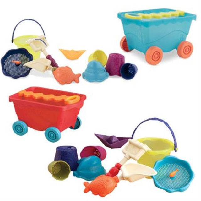 Vibrant beach wagon set with accessories for sandcastle building and imaginative play, perfect for family seaside adventures.