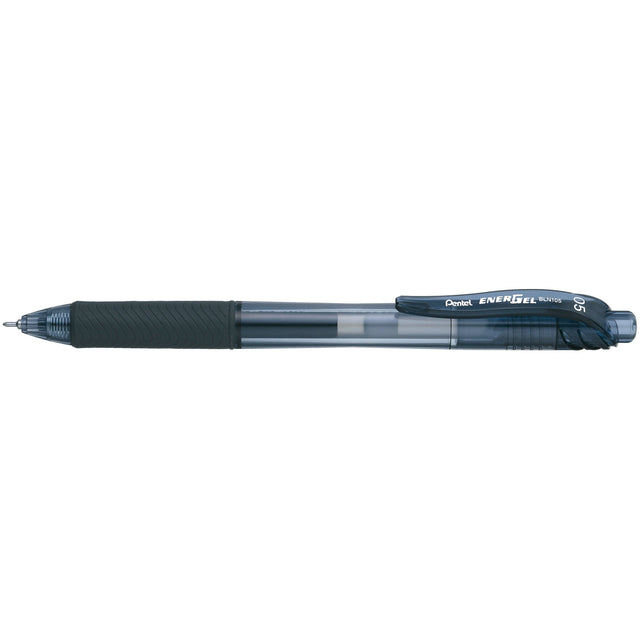 Pack of 12 PENTEL ENERGEL BLN105 black gel pens with 0.5mm tip, retractable design, and quick-drying, eco-friendly ink.