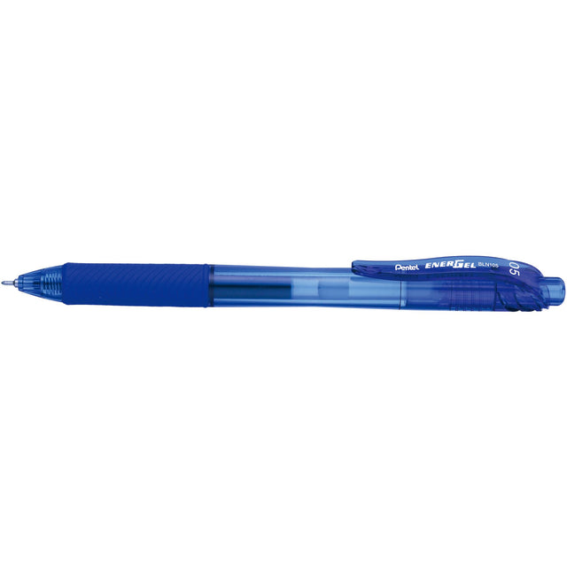 Pack of 12 Pentel EnerGel BLN105 gel pens in blue, featuring a smooth grip and quick-drying ink, ideal for precise writing.