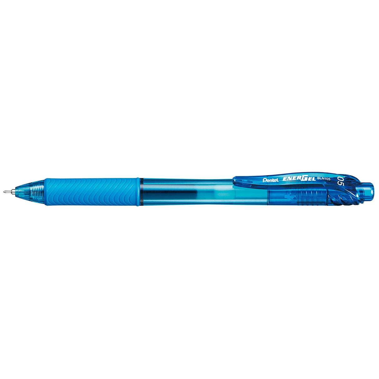 Pack of 12 PENTEL ENERGEL BLN105 gel pens in sky blue, featuring fast-drying ink, 0.5mm tip, and eco-friendly design.