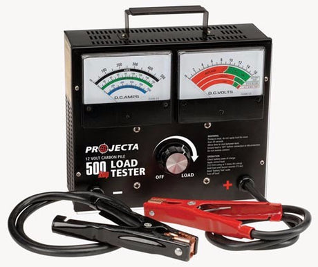 Portable PROJECTA battery tester for 12V batteries, featuring adjustable carbon pile for accurate diagnostics up to 500 Amps.