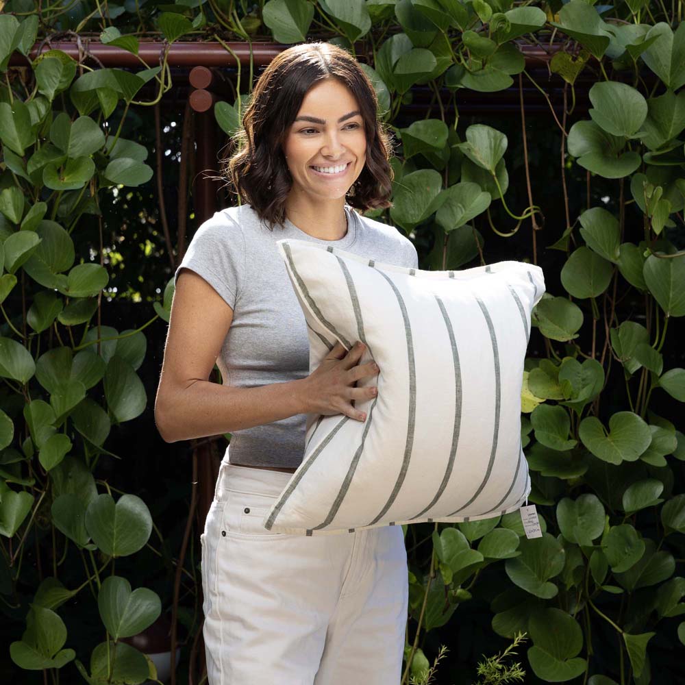 Linen Feather-Filled Square Cushion 50 x 50cm Bambury - Moss Stripe
