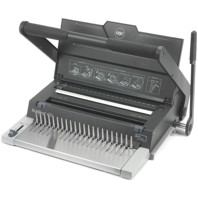 GBC Multibind 420 binding machine with low force punching, portable design, and double handle for easy document binding.