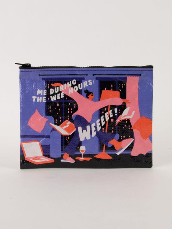 Zipper pouch featuring a fun design, made from recycled materials, perfect for organizing essentials during late-night creativity.