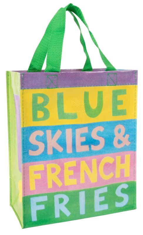 Eco-friendly Handy Tote featuring vibrant blue skies design, made from 95% recycled material for stylish, sustainable use.