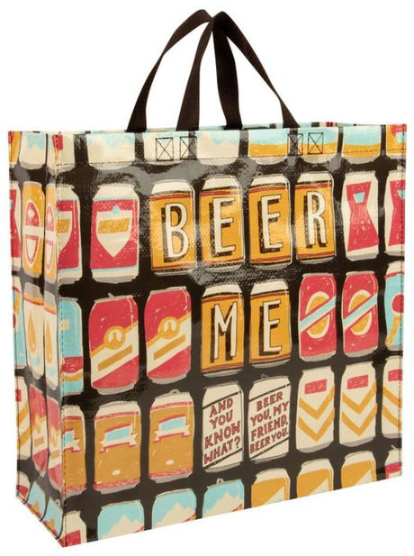 Eco-friendly Blue Q Shopper - Beer Me tote bag, perfect for carrying multiple six-packs with a stylish craft beer design.