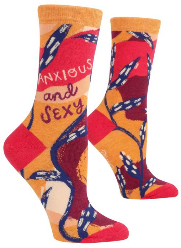 Blue Q Socks in vibrant colors with "Anxious And Sexy" design, perfect for comfort and style in women's sizes 5-10.