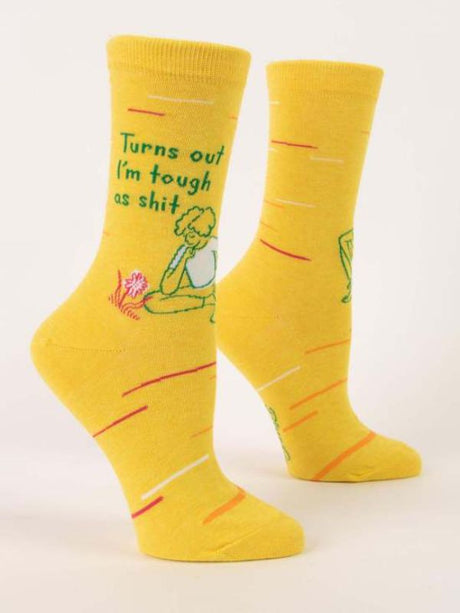 Blue Q women's crew socks featuring "Tough As Shit" message, designed for comfort and style in sizes 5-10.