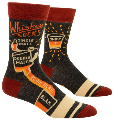 Blue Q Men's Socks in whiskey design, made for sizes 7-12; comfy blend of cotton, nylon, and spandex for casual wear.