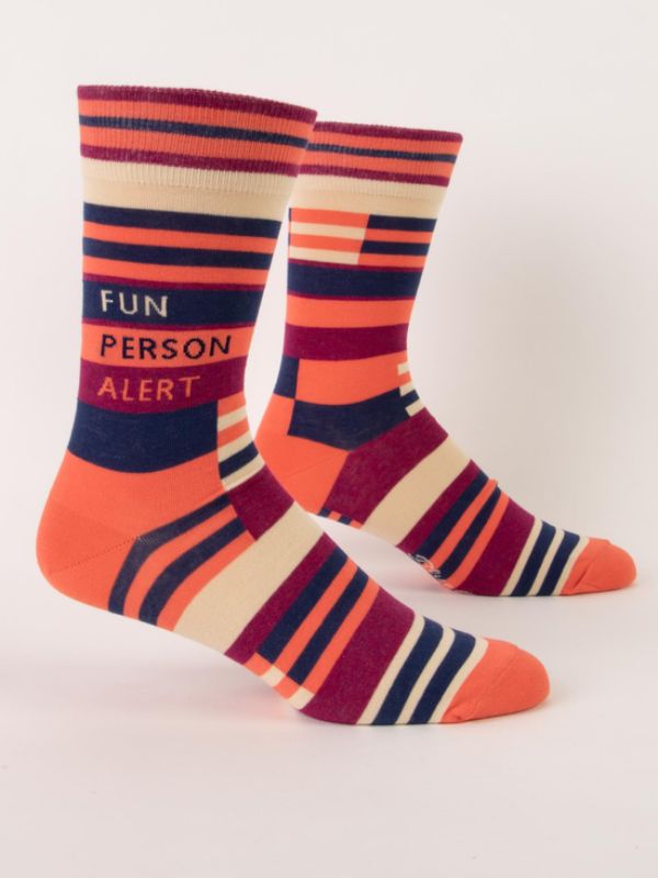 Vibrant Blue Q Men's Crew Socks featuring a Fun Person Alert design, perfect for making a bold style statement.