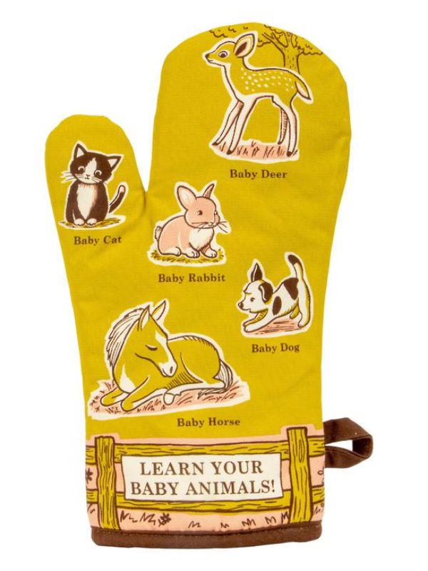 Oven mitt featuring vibrant baby animal prints, designed for heat resistance and comfort in the kitchen.