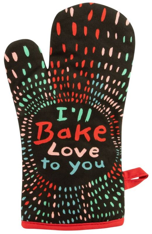 Charming oven mitt with "I'll Bake Love To You" text, 100% cotton and super-insulated for heat protection in baking.