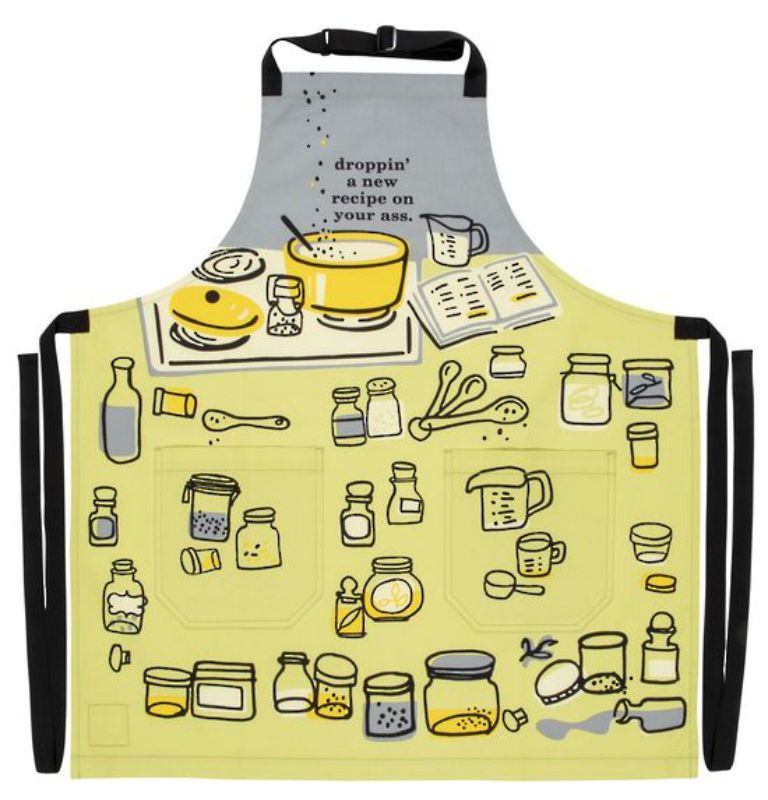 Humorous cotton twill apron with long ties, pockets, and adjustable neck strap for cooking and baking fun.