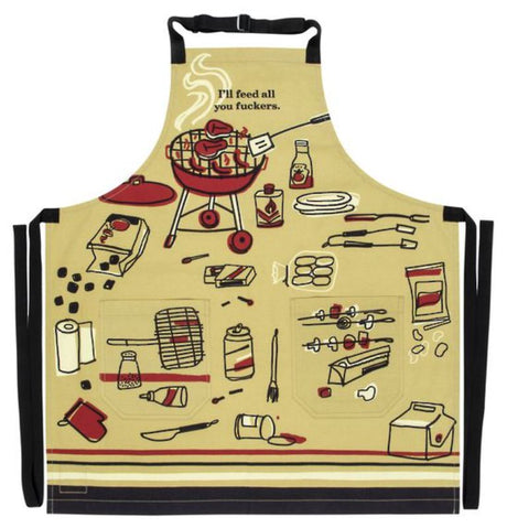 Funny apron with a spatula graphic, made of durable cotton twill with long ties and pockets for convenience.