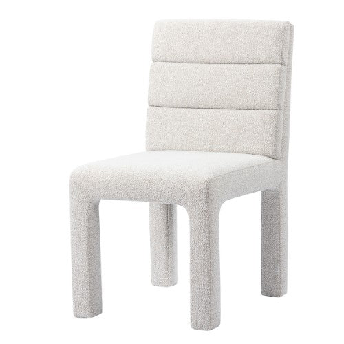 Stylish white dining chair with boucle upholstery and solid birchwood frame, blending modern design with comfort.