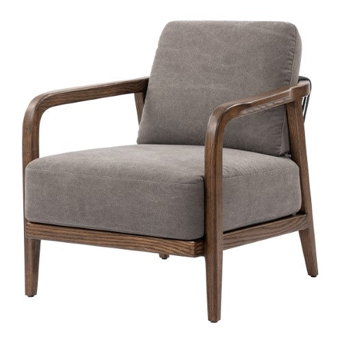 Stylish Ashly Accent Chair with ash wood frame, unique rope back, and cozy fabric seat in grey and walnut colors.