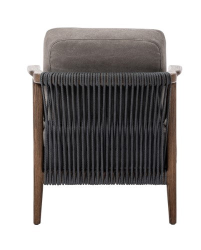 Stylish Ashly Accent Chair with ash wood frame, rope back, and fabric seat in grey/walnut, perfect for modern interiors.