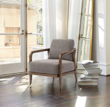 Ashly Accent Chair featuring an ash wood frame, unique rope back, and comfortable fabric seat in grey and walnut tones.