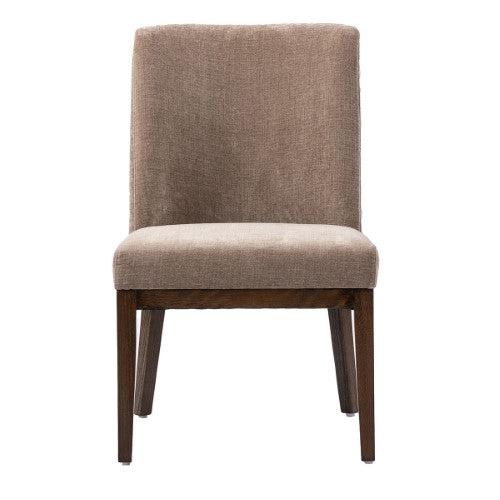 Nouvelle Dining Chair in Sand/Walnut, featuring modern design with fabric upholstery and sturdy oak frame for comfort and elegance.