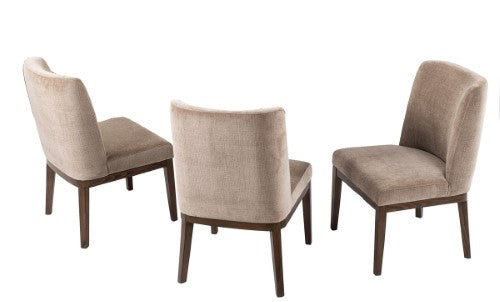 Sleek Nouvelle Dining Chair in Sand/Walnut, featuring fabric upholstery and oak frame, combines modern style and comfort.