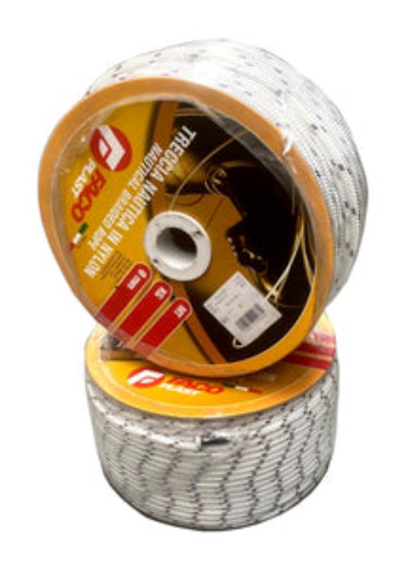 Braided nylon/polyester rope 110m reel, 10mm diameter, strong, weather-resistant, with white, red, and blue stripes.