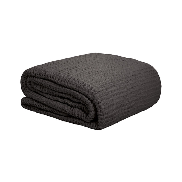 Charcoal waffle weave blanket in 100% cotton, 240x180cm, lightweight, breathable, perfect for year-round comfort and style.