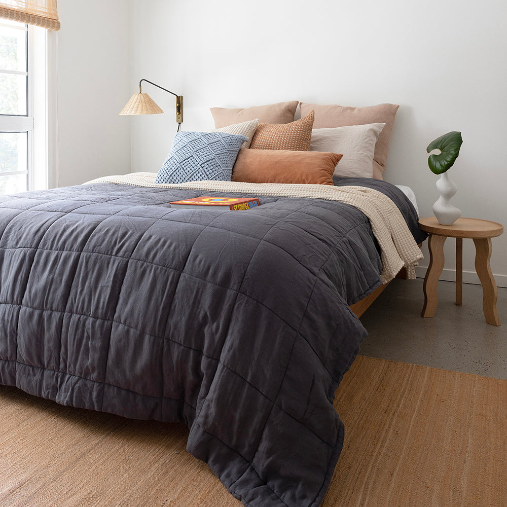 Queen / King Linen Quilted Coverlet Charcoal- Bambury