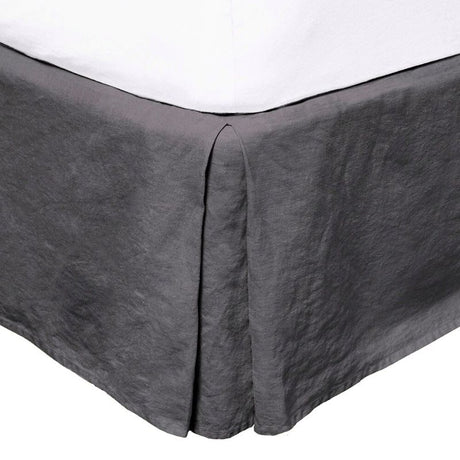 Elegant charcoal linen king valance made from 100% French Flax, featuring hidden cotton for secure fit and small pleats for style.