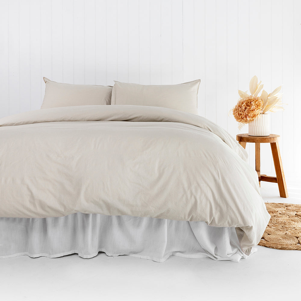 Double duvet cover set in Pebble, made of 100% organic cotton with a vintage-washed finish and eco-friendly certifications.