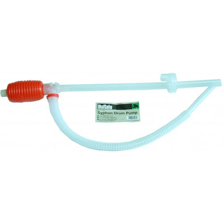 Manual syphon pump with squeeze bulb for efficient liquid transfer, featuring a white air valve and two flexible tubes.