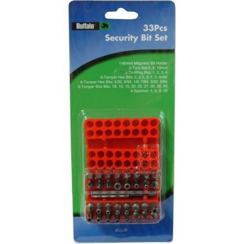 Comprehensive 33-piece Security Bit Set in a rubber case, featuring varied bits for electronic and mechanical repairs.