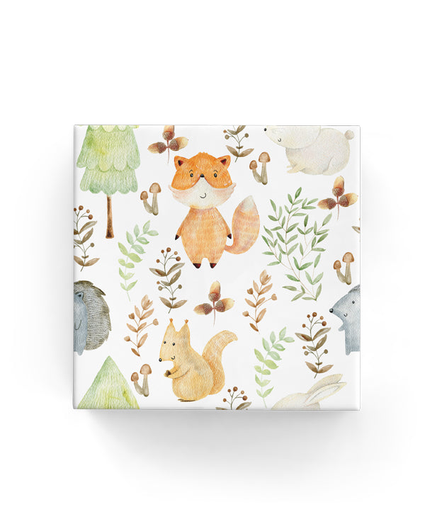 Wrapping paper roll featuring whimsical woodland animals on matte green, eco-friendly, 100gsm, 60cm x 40m.