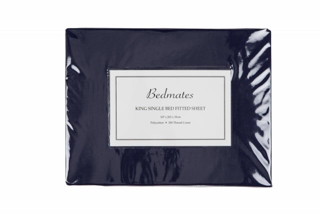Navy double sheet set featuring a flat sheet, fitted sheet, and two pillowcases in breathable polyester cotton blend.