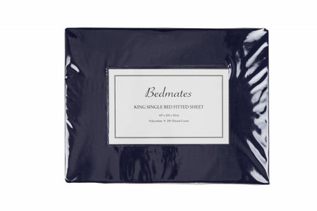 Navy double sheet set featuring a flat sheet, fitted sheet, and two pillowcases in breathable polyester cotton blend.
